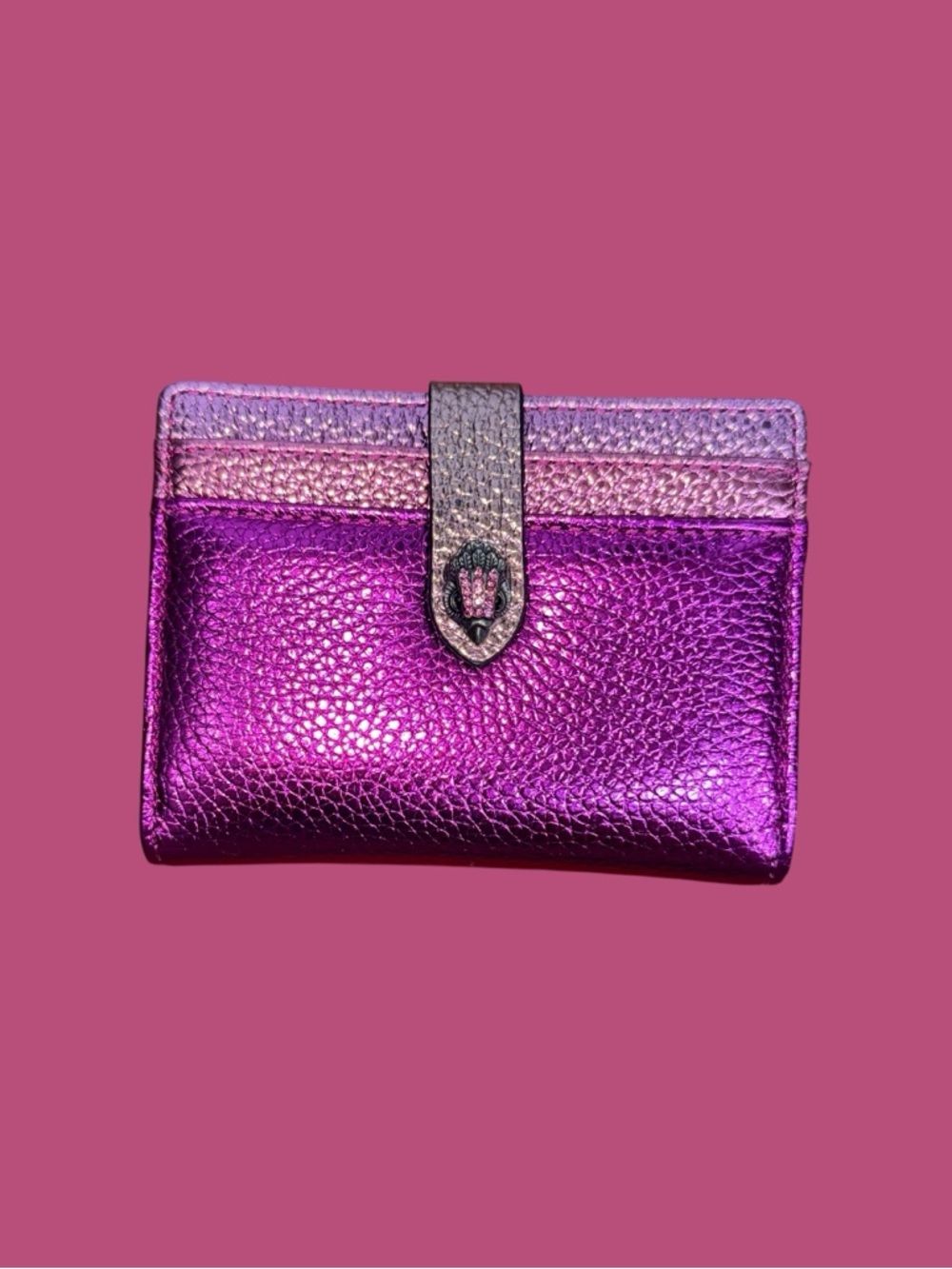 Kurt Geiger Metallic Fuchsia Leather Card Wallet with Gold Strap - Picture 4 of 15